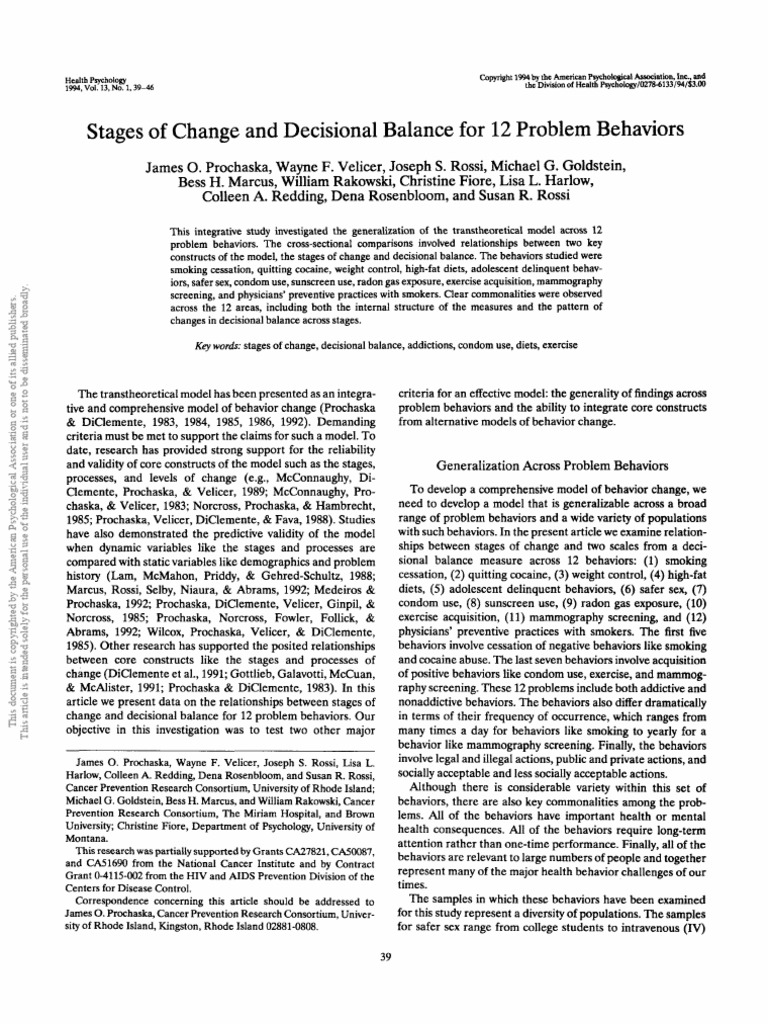 Stages of Change and Decisional Balance For 12 Problem Behaviors | PDF