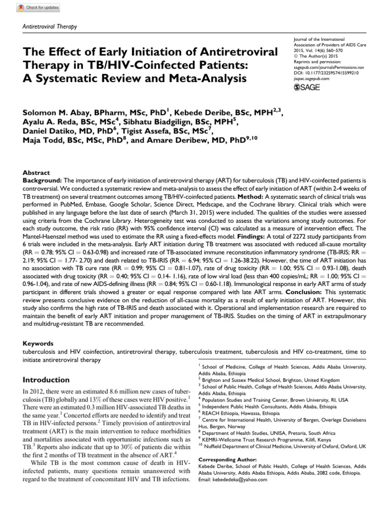 The Effect of Early Initiation of Antiretroviral Therapy in TB HIV ...