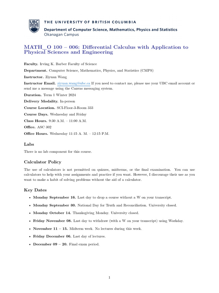 MATH 100-006 W24 T1 Course Outline | PDF