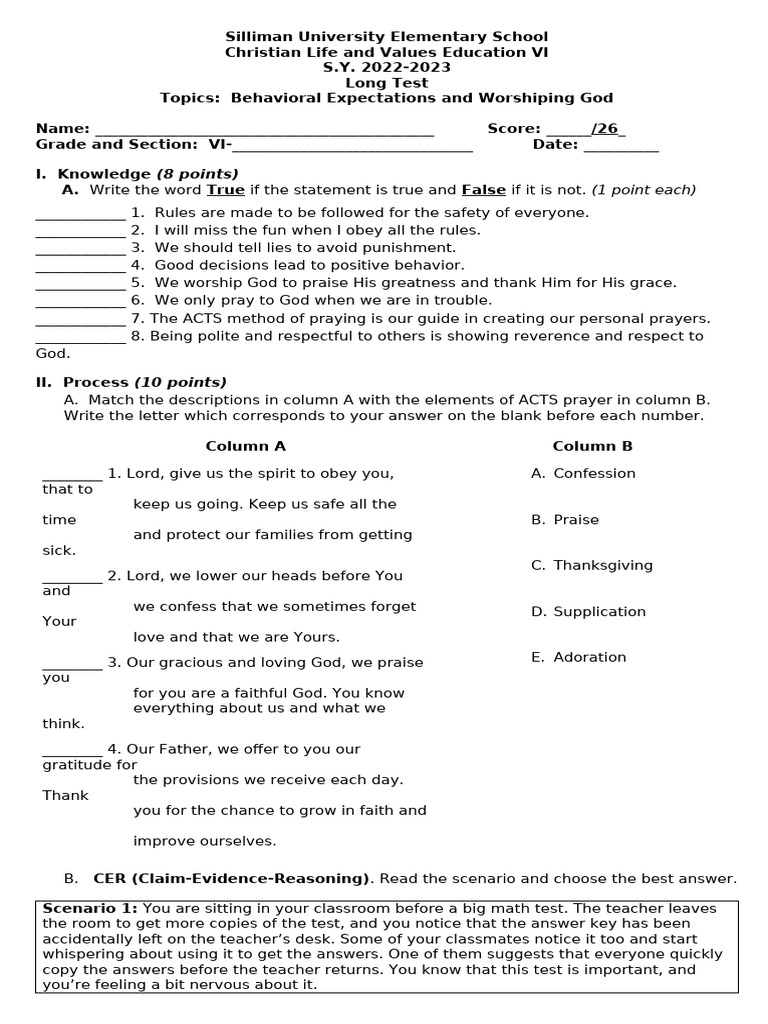 1q Long Test 1 Keyanswers | PDF