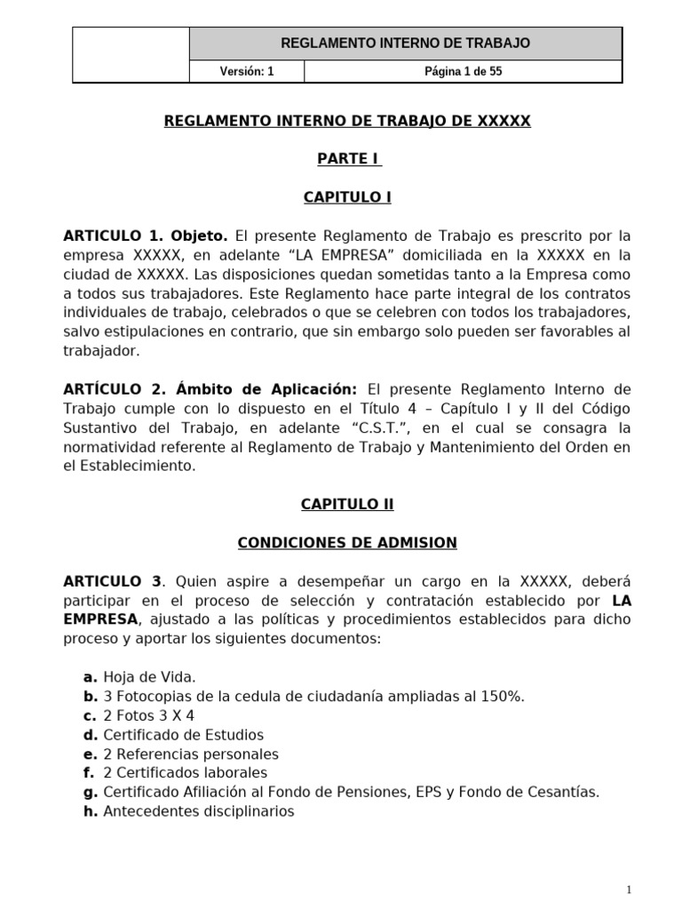 Reglamento Interno de Trabajo | PDF