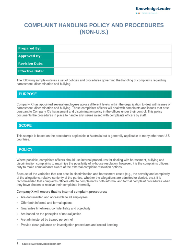 Complaint Handling Policy and Procedures (Non-U.S.) | PDF | Harassment ...