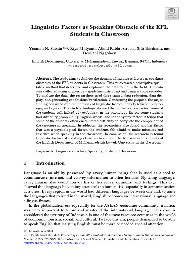 Linguistics Factors As Speaking Obstacle of The EFL Students in ...