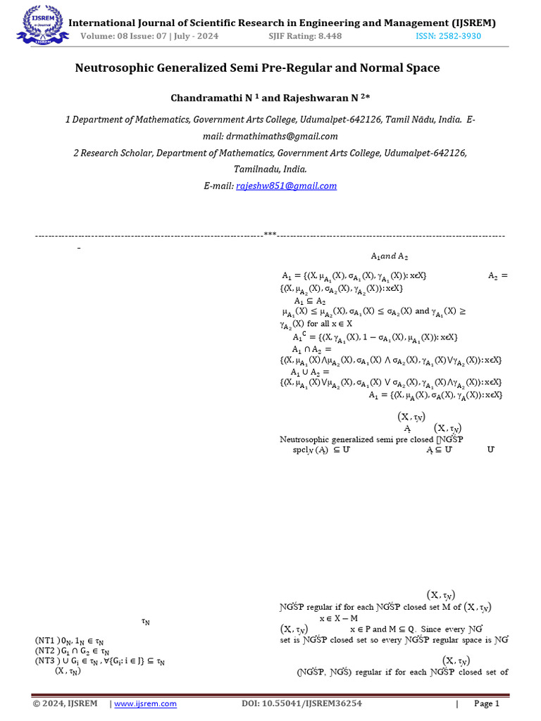 Neutrosophic Generalized Semi Pre Regular and Normal Space | PDF ...