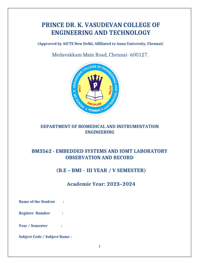 BM3562 - Embedded Systems and IOMT Lab Observation and Record | PDF