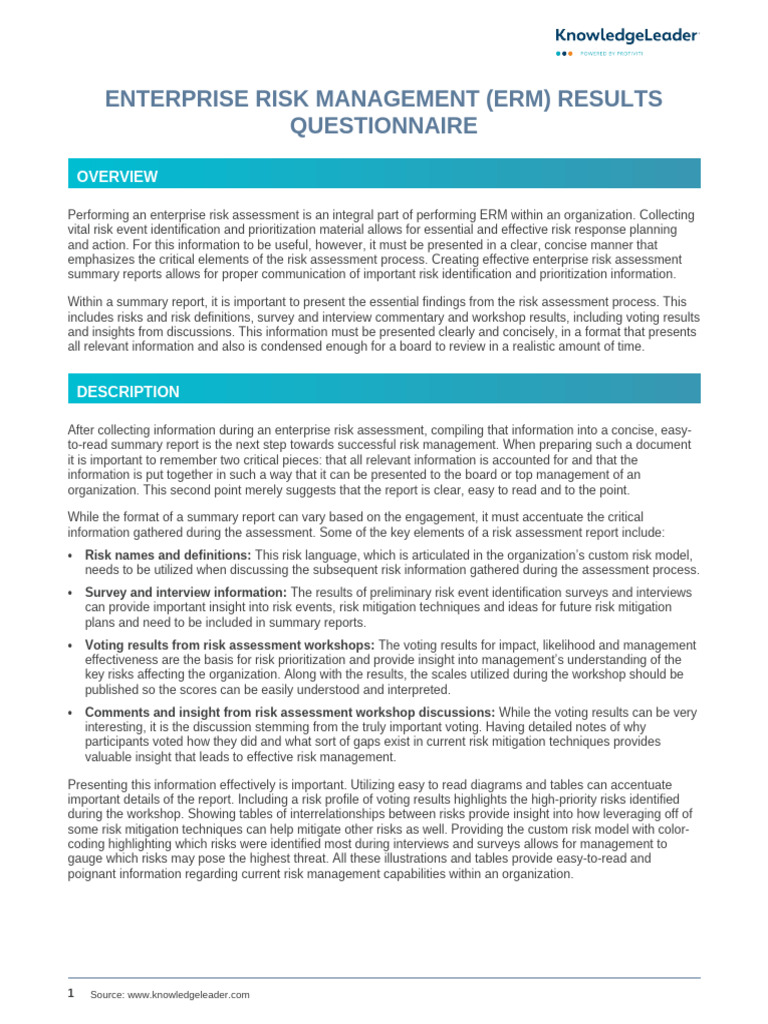 Enterprise Risk Management (ERM) Results Questionnaire | PDF
