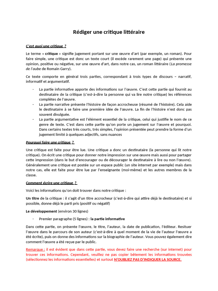 comment ecrire une critique littéraire