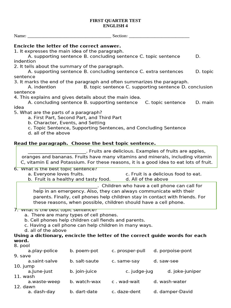1st Quarter Test English 4 | PDF