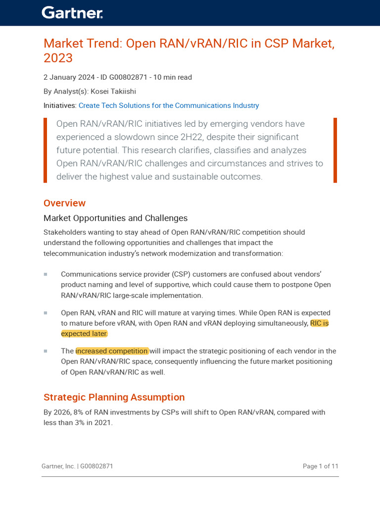 Market Trend Open RAN VRAN RIC in CSP Market 2023 | PDF