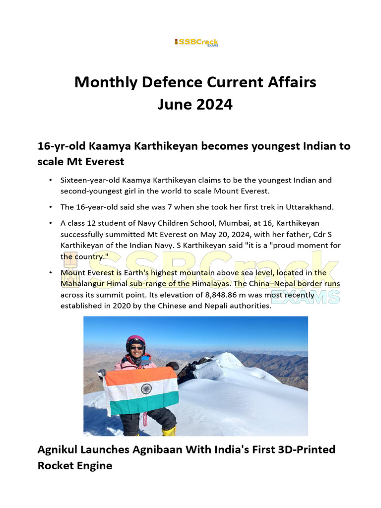 June 2024 Monthly Defence Current Affairs | PDF