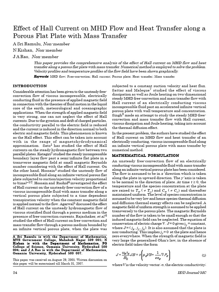 Effect of Hall Current On MHD Flow and Heat Transfer Along A Porous ...