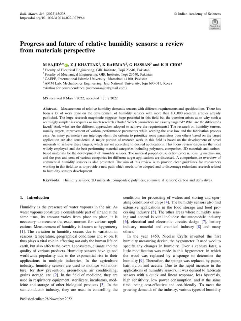 Progress and Future of Relative Humidity Sensors: A Review From ...