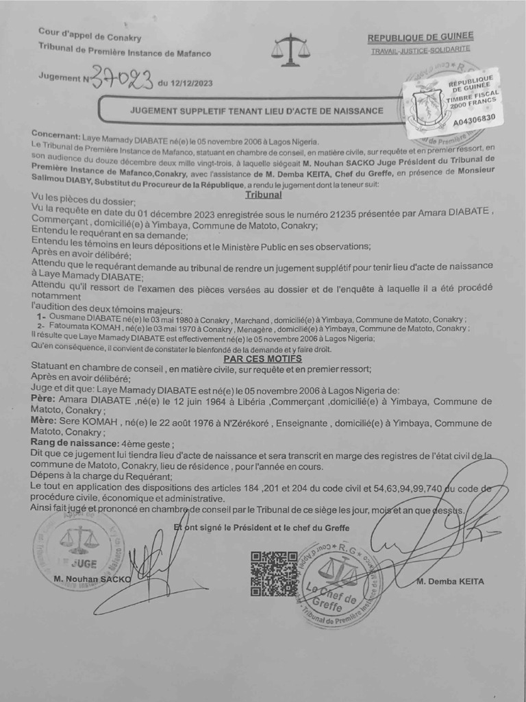 Jugement Supplétif (Low) | PDF