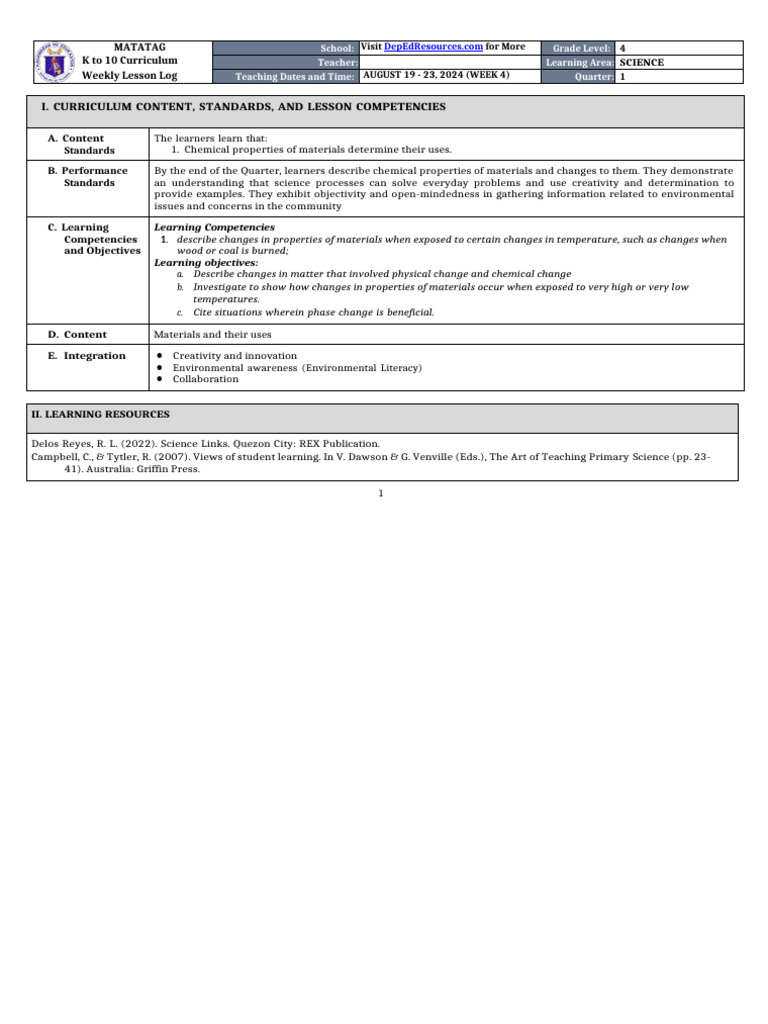 DLL Matatag - Science 4 Q1 W4 | PDF
