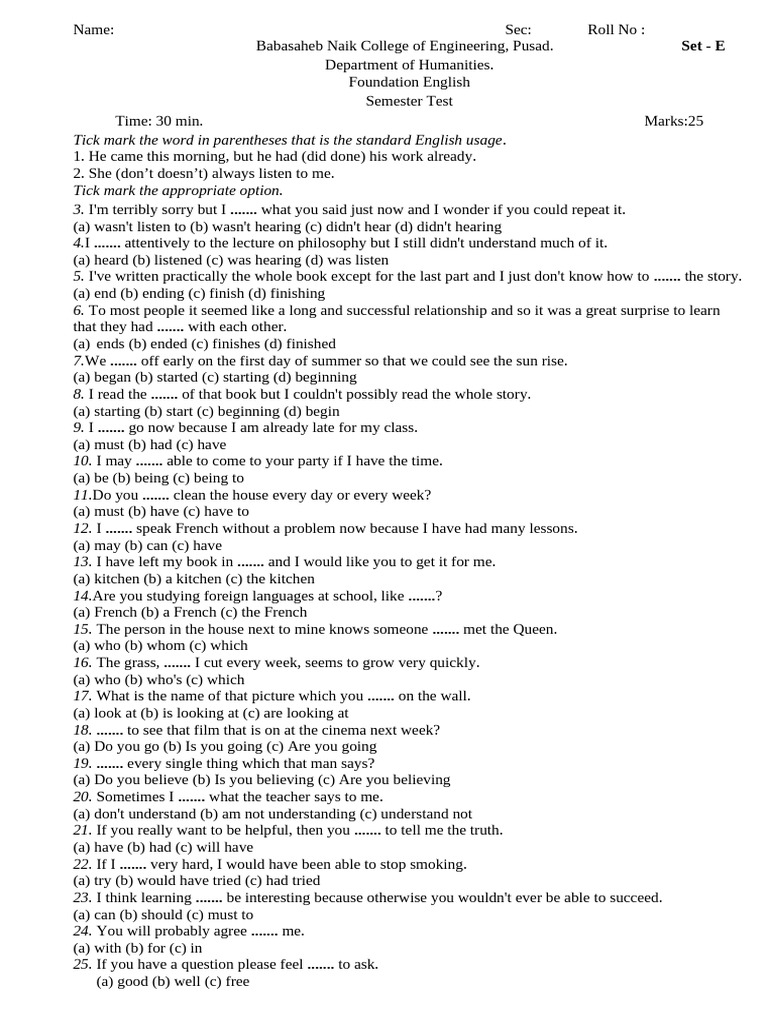 Test Paper Foundation English Set E | PDF