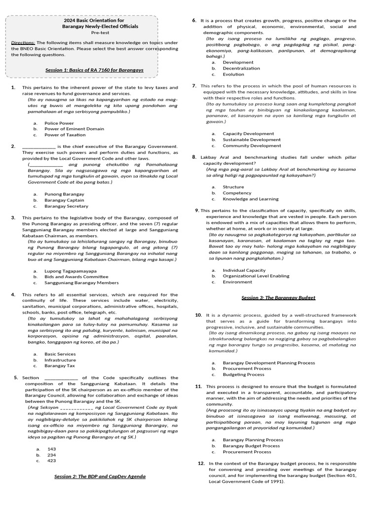 PRETEST 2024 BNEO Basic Orientation Pre Test NEW | PDF