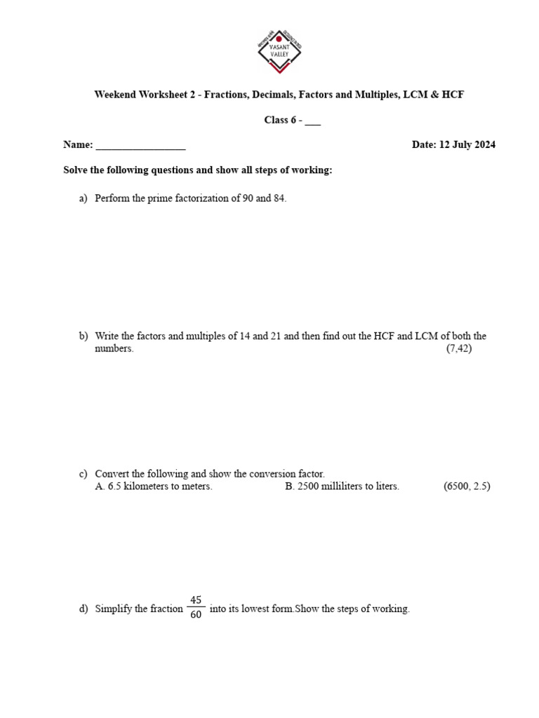 Math Worksheet Class 6 Pdf