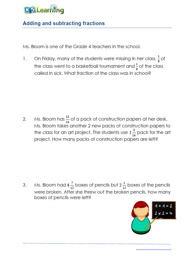 Grade 4 Word Problems Adding Subtracting Fractions A | PDF