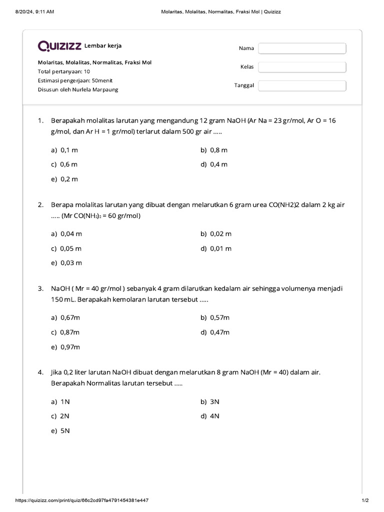 Soal Molaritas dan Molalitas | PDF