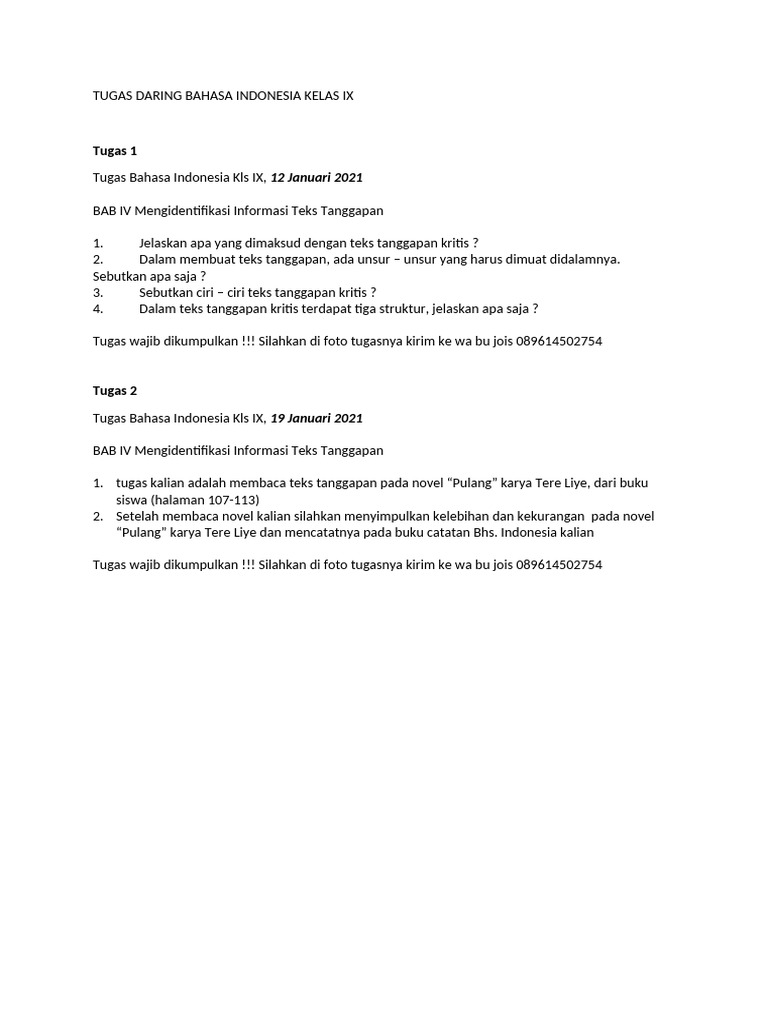 Tugas Daring Bahasa Indonesia Kelas Ix SMT 2 | PDF