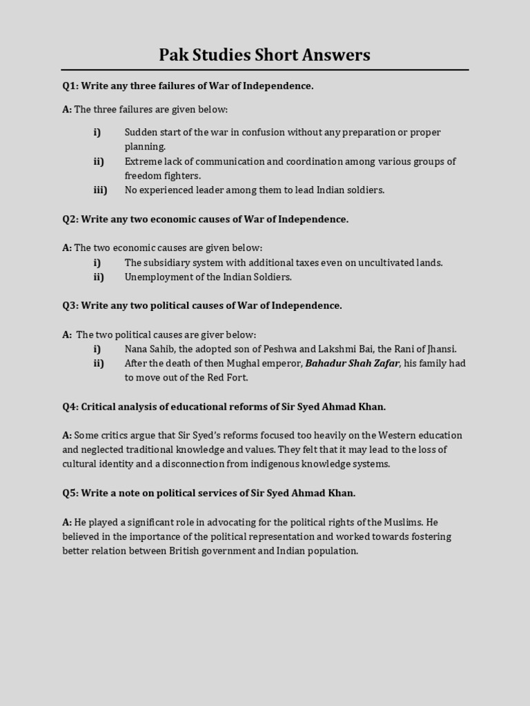 Pak Studies Short Answers | PDF