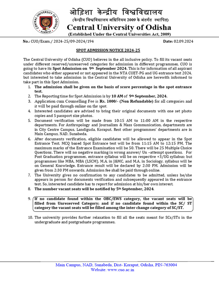 Spot Admission UG PG Notice 2024 | PDF