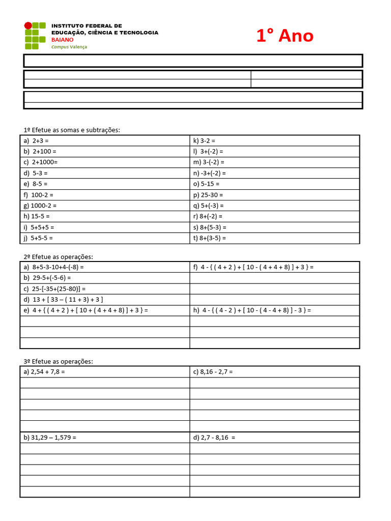 Lista 1 de Física - 1° Ano - Matemática Básica - 2023 | PDF