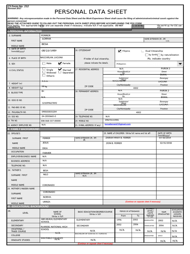 Personal Data Sheet CS Form No. 212 Revised 2017 2 Signed 4 | PDF