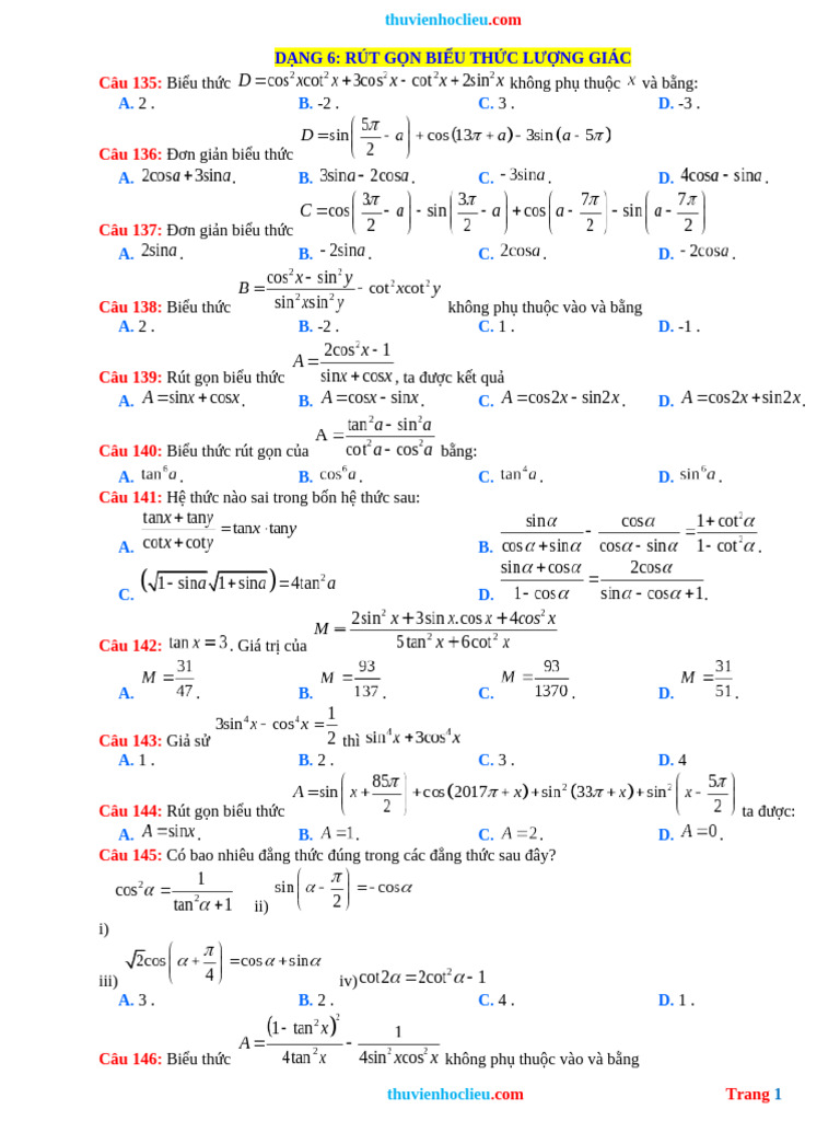 Toan 11 dang 6 rut gon bieu thuc luong giac pdf