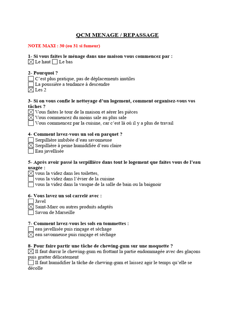 QCM Reponse EMPLOYES DE MAISON v2 | PDF