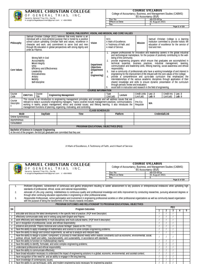Engineering Management Course Syllabus | PDF | Decision Making | Evaluation