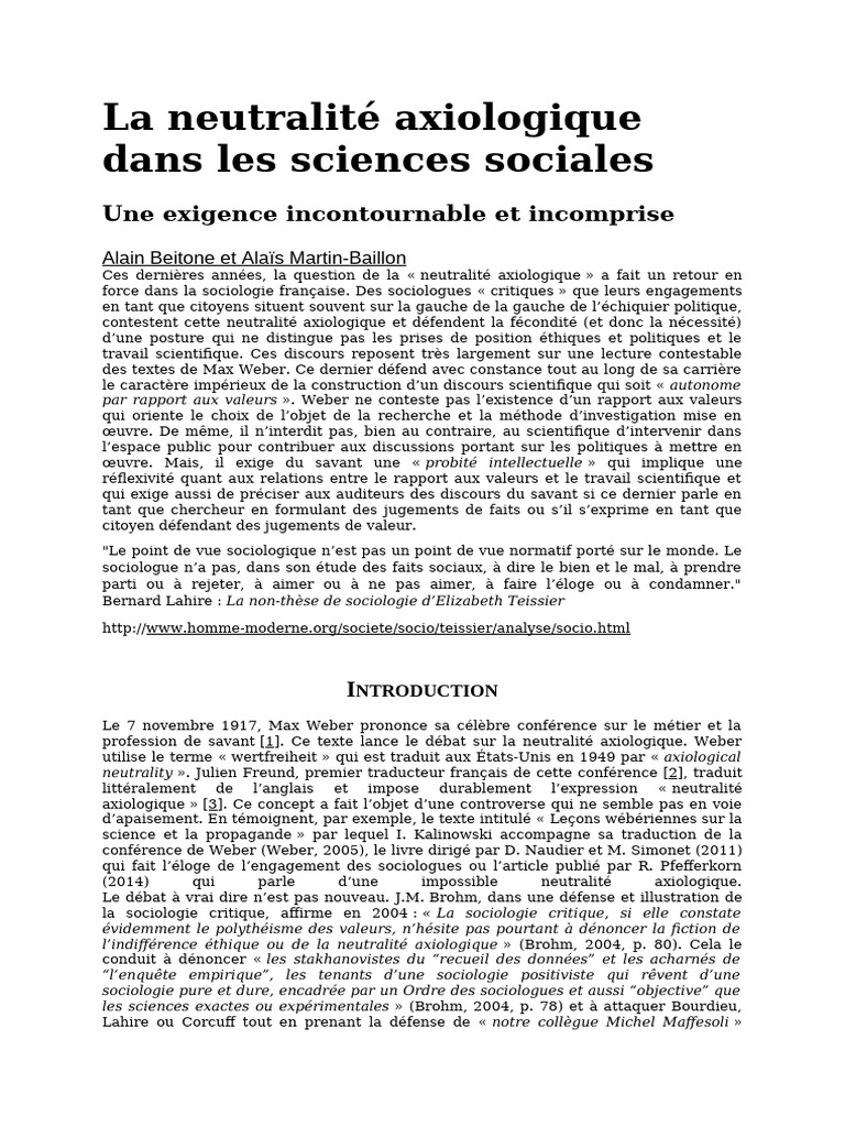 La Neutralité Axiologique Dans Les Sciences Sociales | PDF