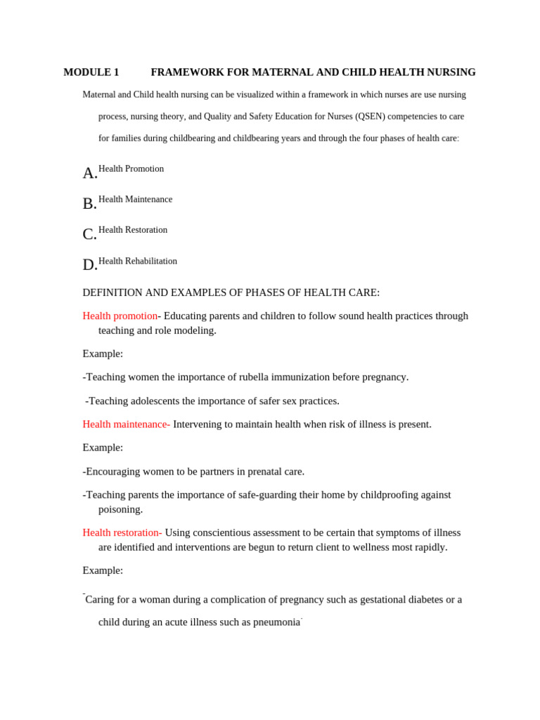 Framework For Maternal and Child Health Nursing | PDF