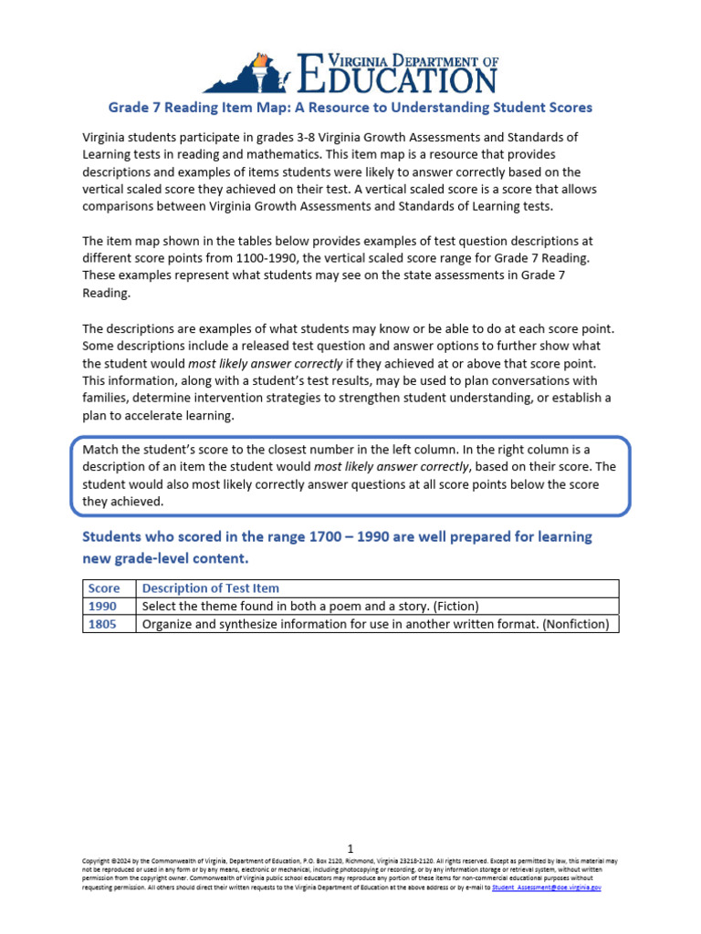 Grade 7 Reading Item Map - F | PDF