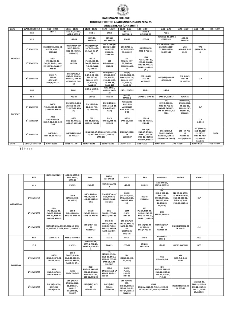 Arts Class Routine 2024-25 | PDF