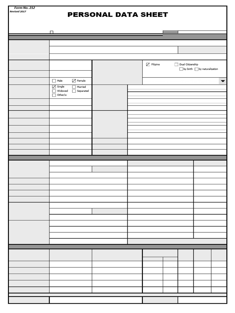 Personal Data Sheet CS Form No. 212 Revised 2017 | PDF