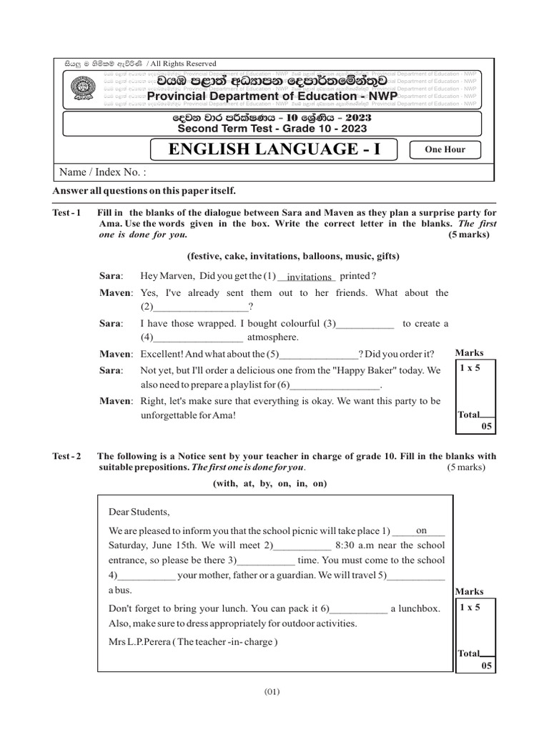 2023 Grade 10 English 2nd Term Test Paper North Western Province | PDF