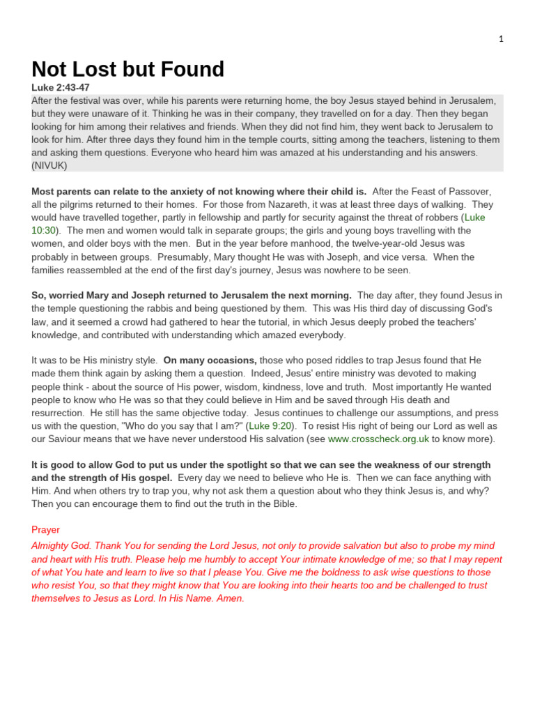 Not Lost But Found - DR Paul Adams - Luke 2 43-47 - 10 May 2024 | PDF ...