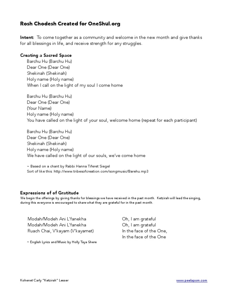 Rosh Chodesh Ritual Used at PDF Gratitude Religious Behaviour And