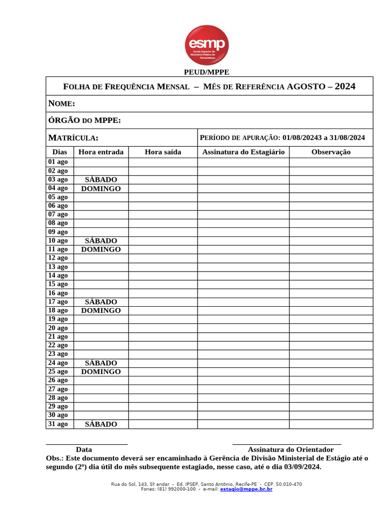 Folha Frequência 08 Agosto-2024 (PENUM) | PDF