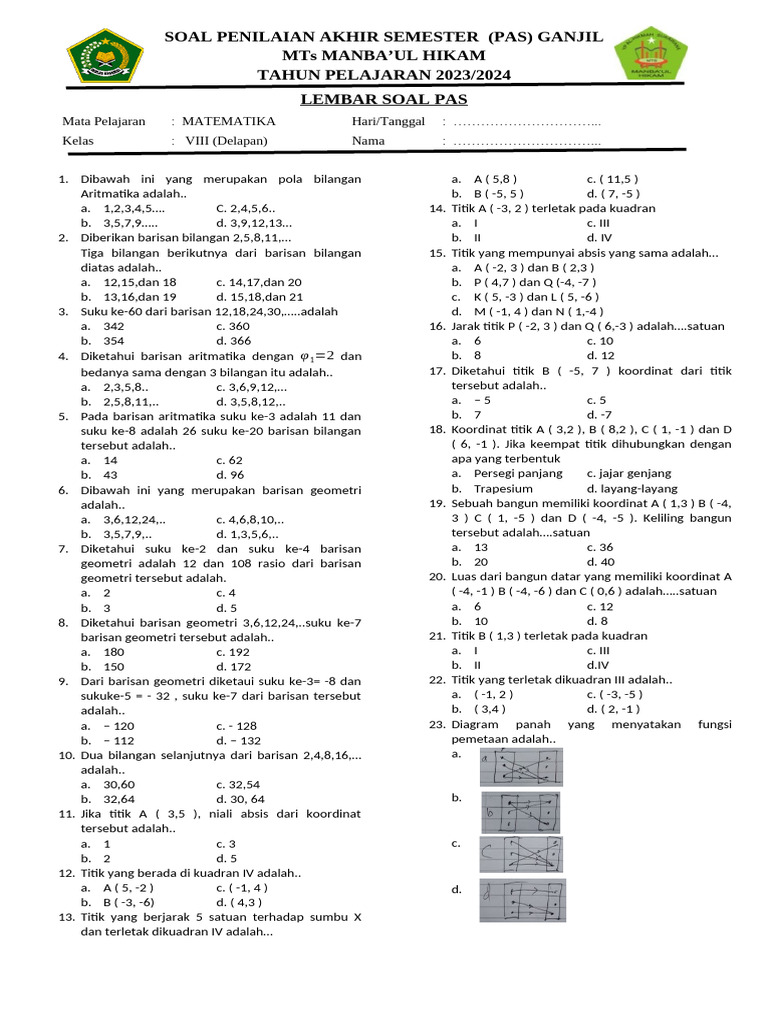 Soal Mtk Kelas 8 Arrahman Ok Pdf