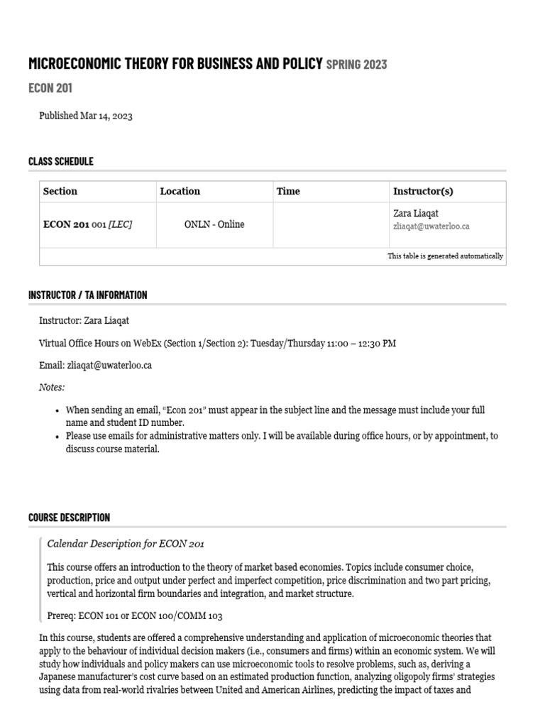 ECON 201 Microeconomic Theory Syllabus | PDF | Microeconomics | Supply ...