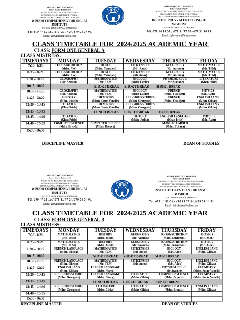 Class Timetable For 2025 Pdf Cameroon Inquiry