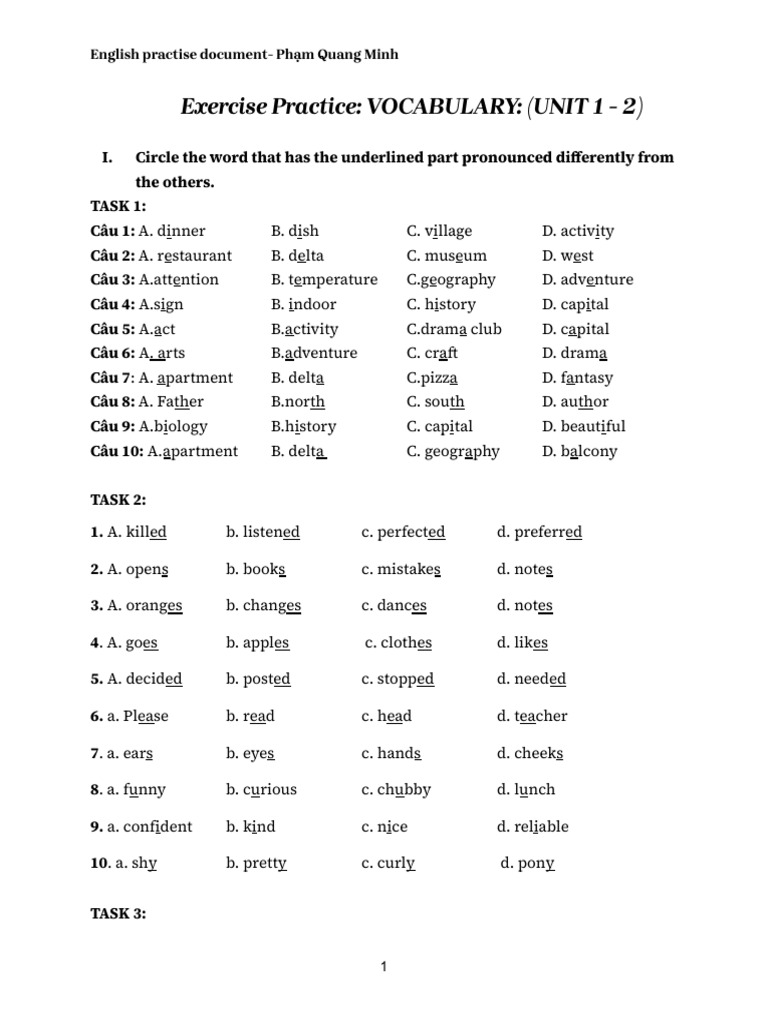 Exercise Practice - VOCABULARY - (UNIT 1 - 2) | PDF