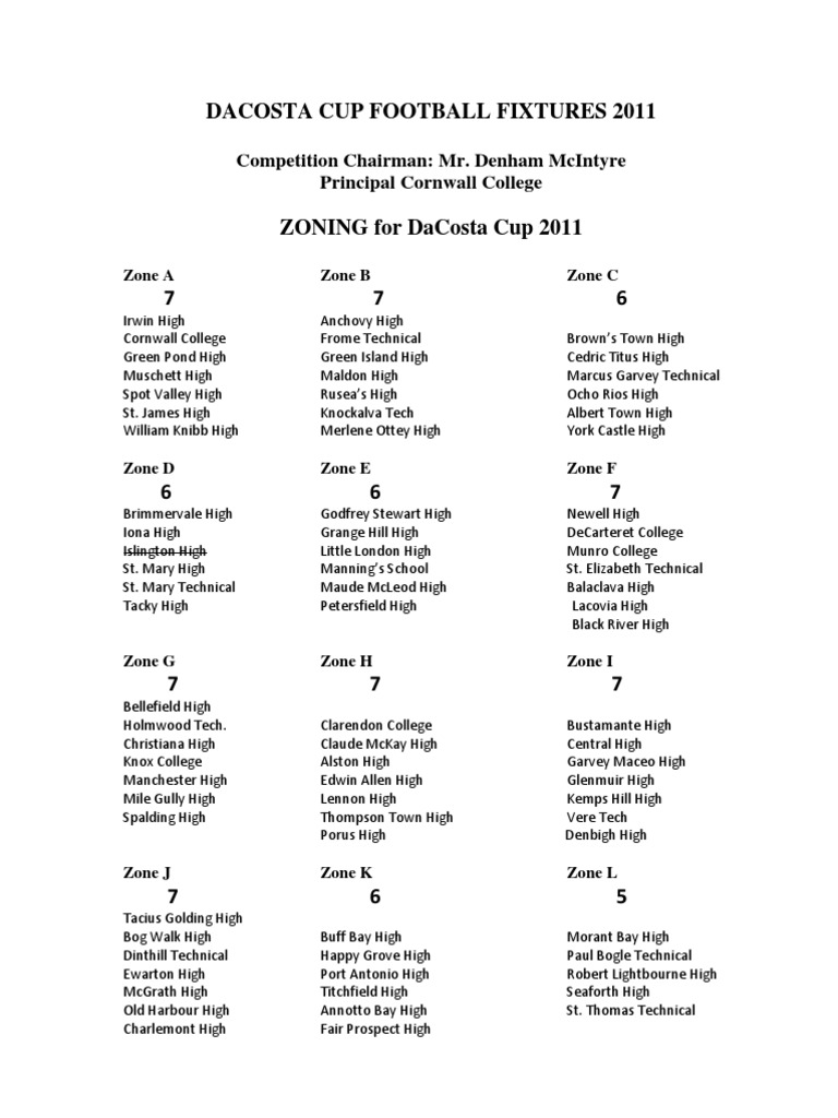 2011 DaCosta Cup Football Fixtures and Zone Details PDF Color Sports