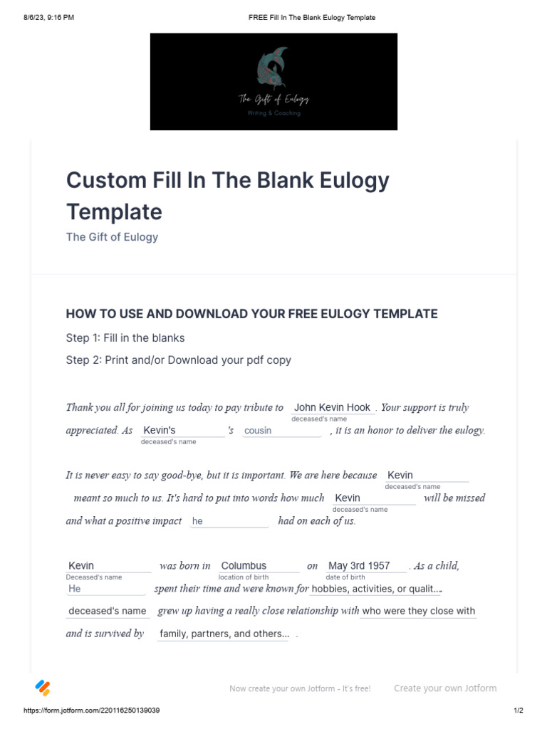 FREE Fill in The Blank Eulogy Template PDF