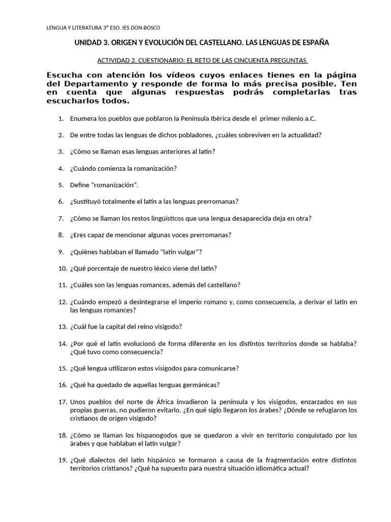 3 Eso. Cuestionario Unidad 3 | PDF