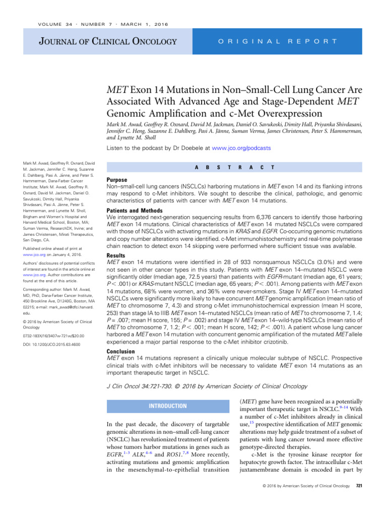 7 Awad MET Exon 14 Mutations in NSCLC JCO 2016 | PDF
