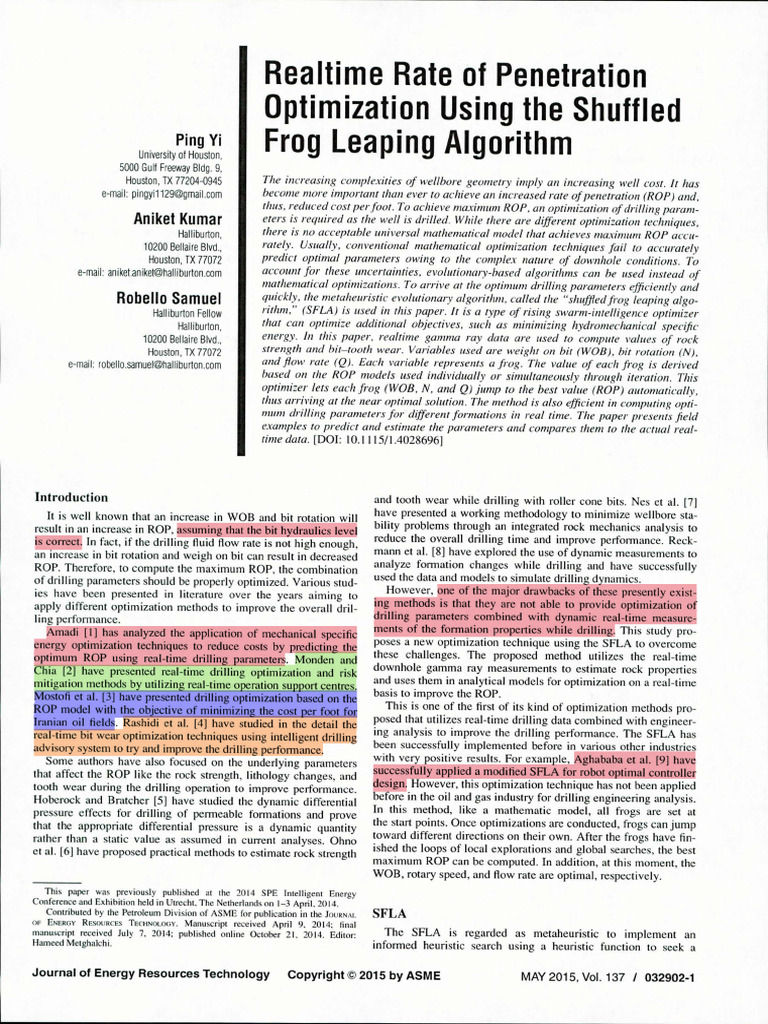 Realtime Rate of Penetration Optimization Using The Shuffled Frog ...