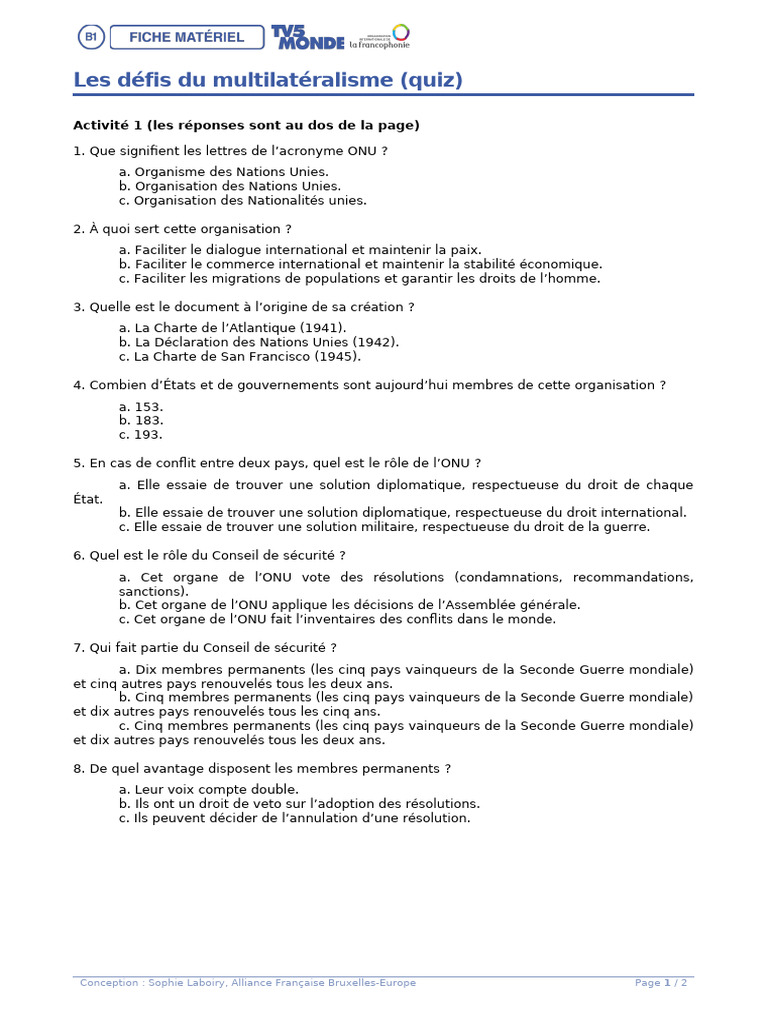 FRI 7jours Multilateralisme B1 Materiel | PDF